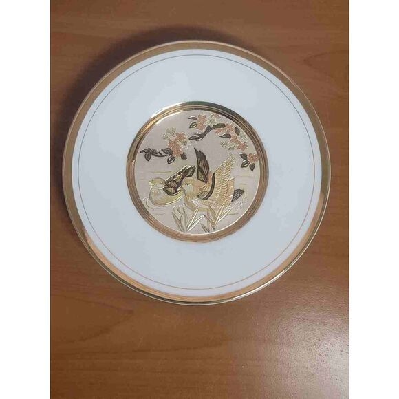 The Art of Chokin 6" PLATE Porcelain WOOD DUCKS - 24K Gold Edge Trim - Japan - Picture 1 of 4